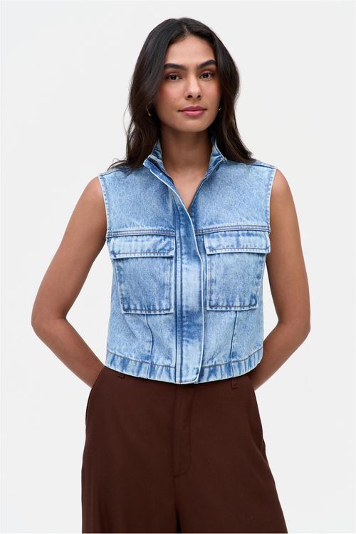 Colete Jeans Sobretinto com Zíper