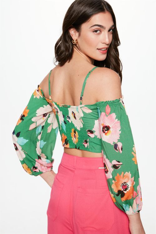 Blusa Cropped com Estampa Floral Verde