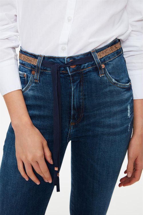 Calça Jeans Jegging com Cinto de Strass